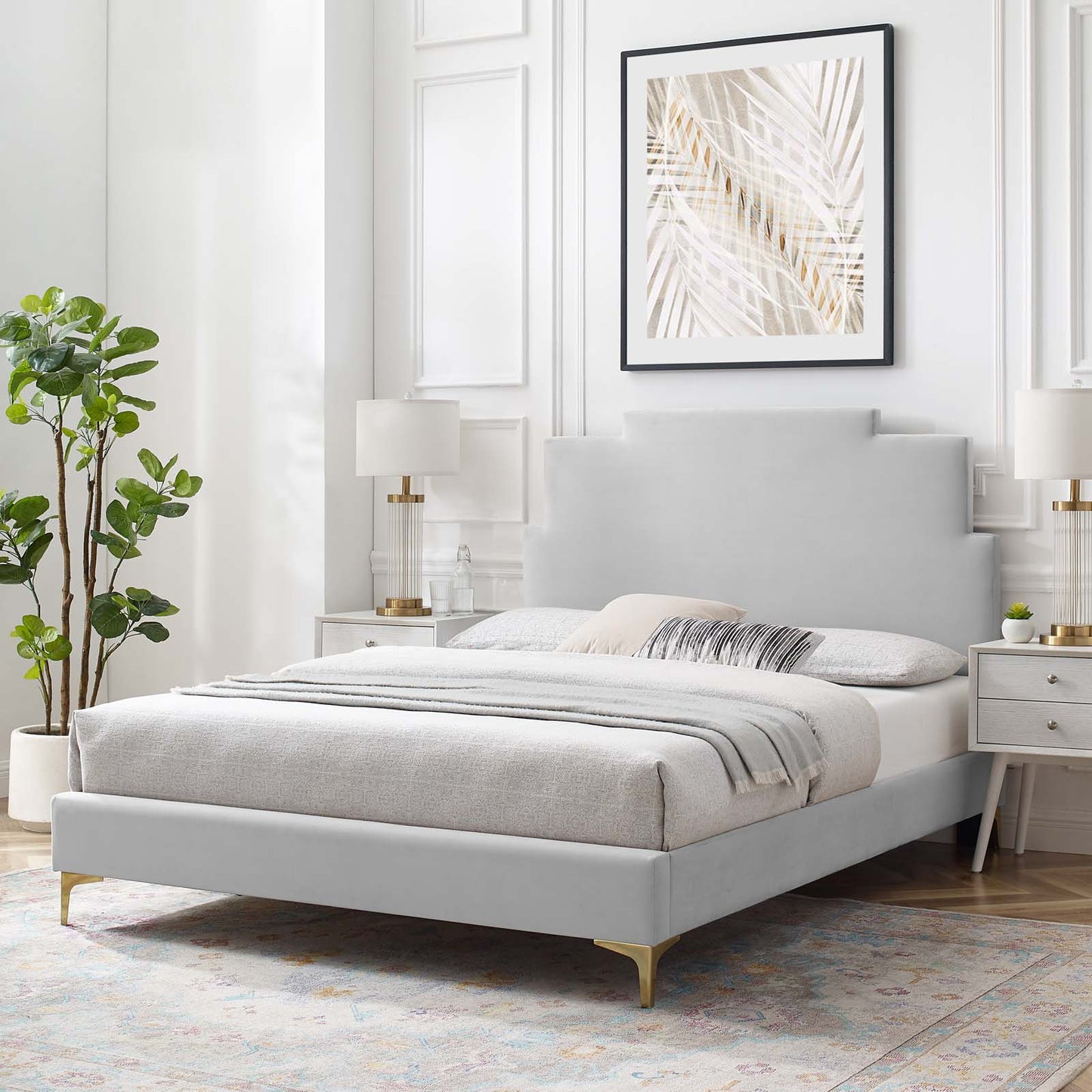 Lindsey Performance Velvet King Platform Bed, Velvet, Light Grey Gray, 22964