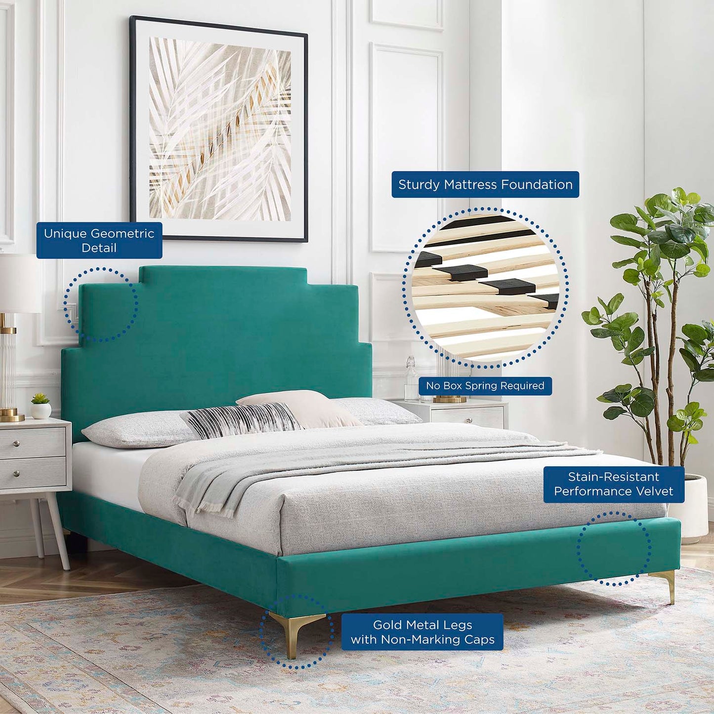 Lindsey Performance Velvet King Platform Bed, Velvet, Teal Blue, 22968