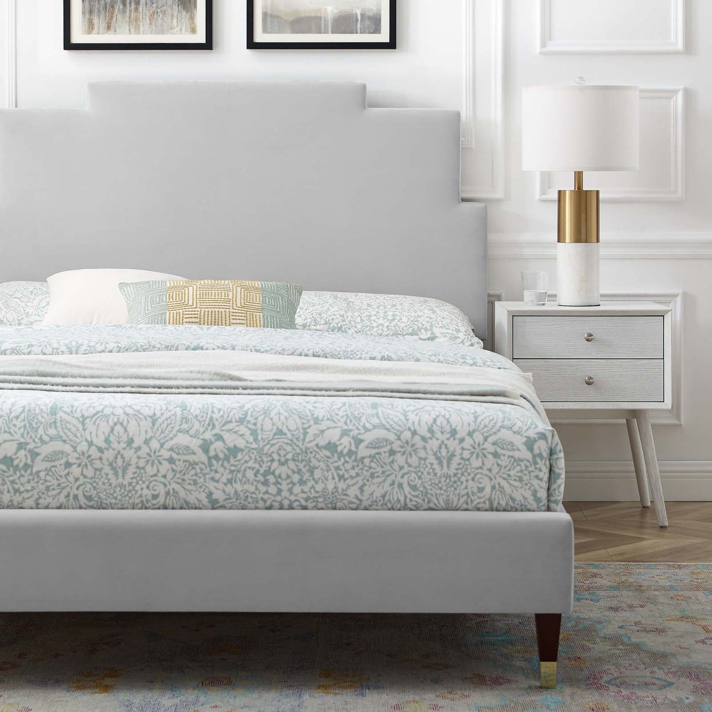 Lindsey Performance Velvet King Platform Bed, Velvet, Light Grey Gray, 22972