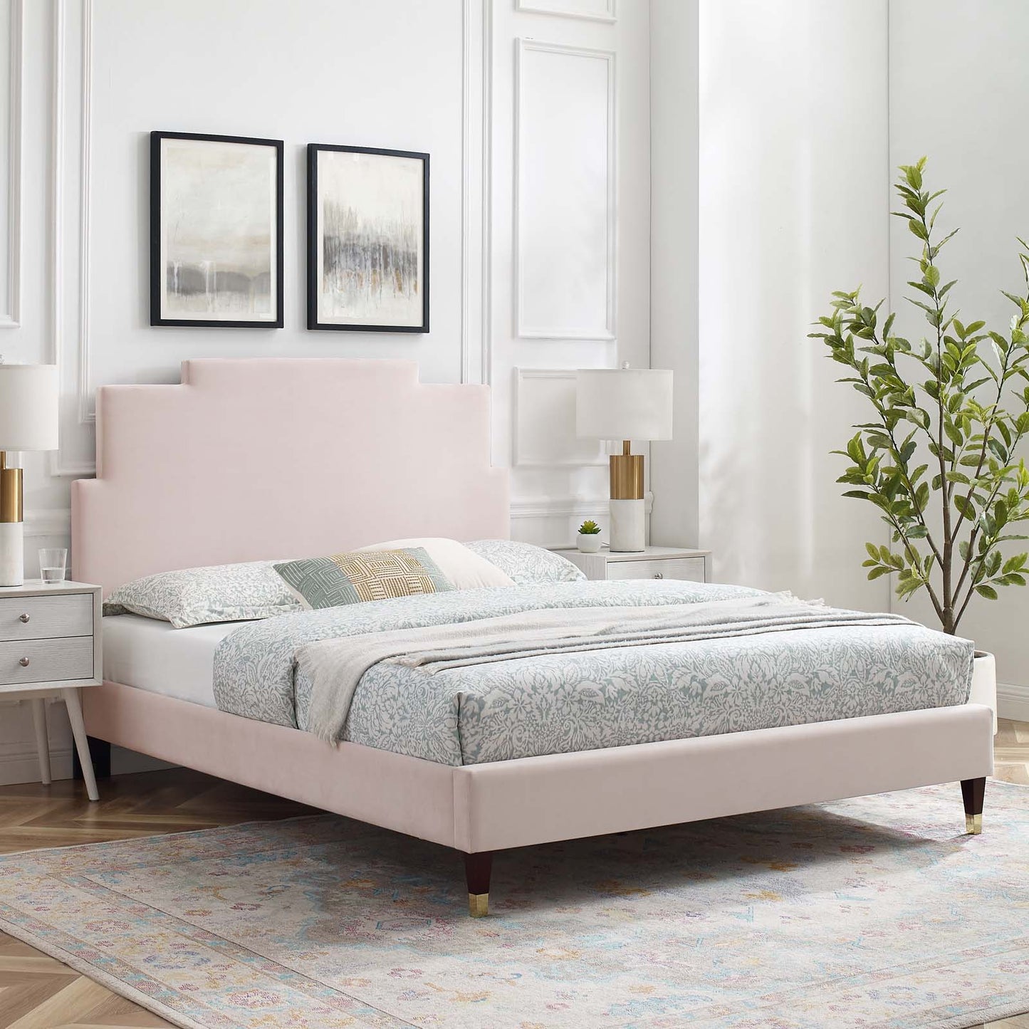 Lindsey Performance Velvet King Platform Bed, Velvet, Pink, 22975