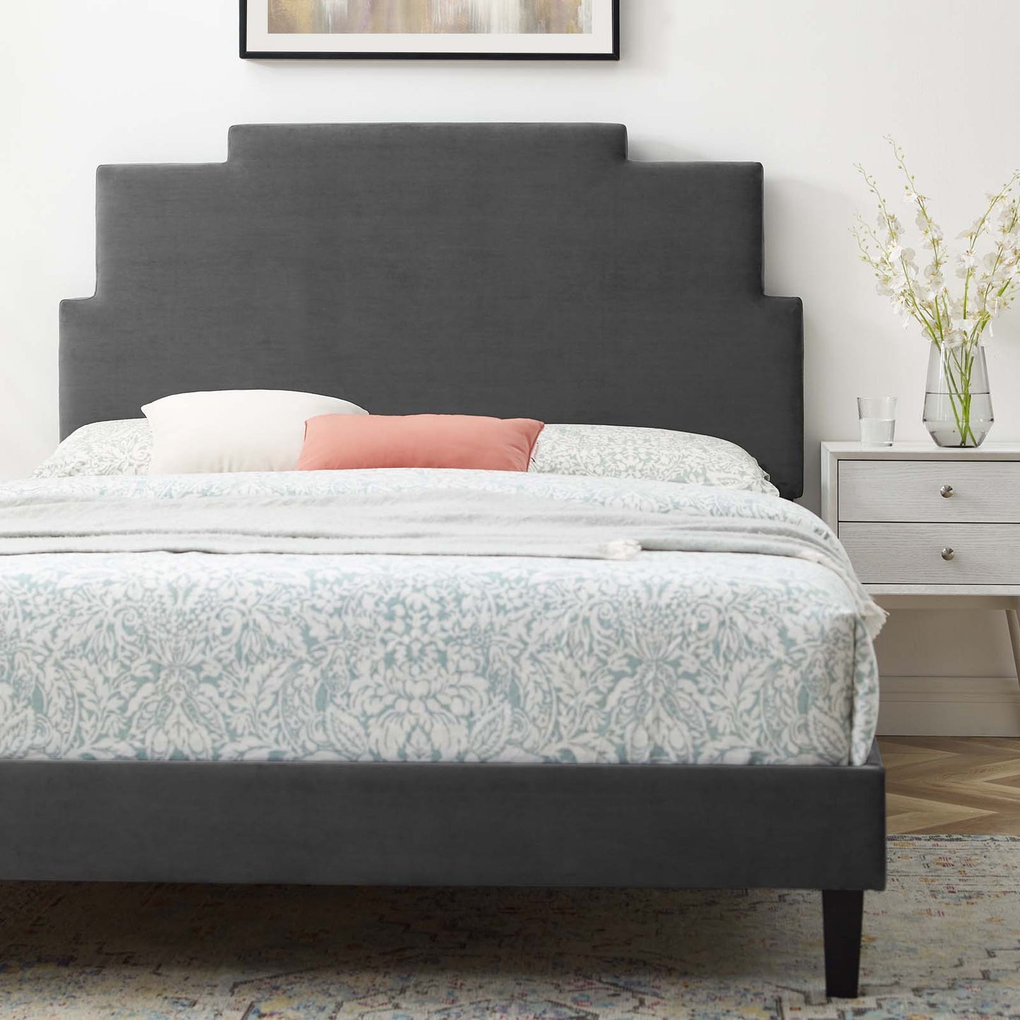 Lindsey Performance Velvet King Platform Bed, Velvet, Dark Grey Gray, 22978