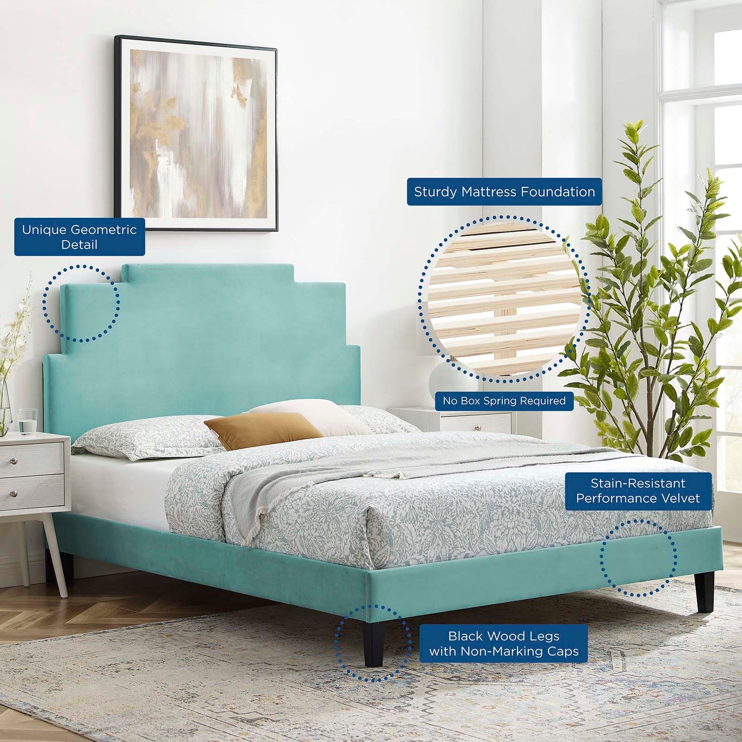 Lindsey Performance Velvet King Platform Bed, Velvet, Blue, 22981