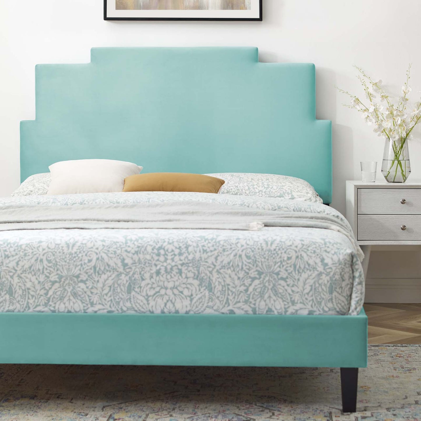 Lindsey Performance Velvet King Platform Bed, Velvet, Blue, 22981
