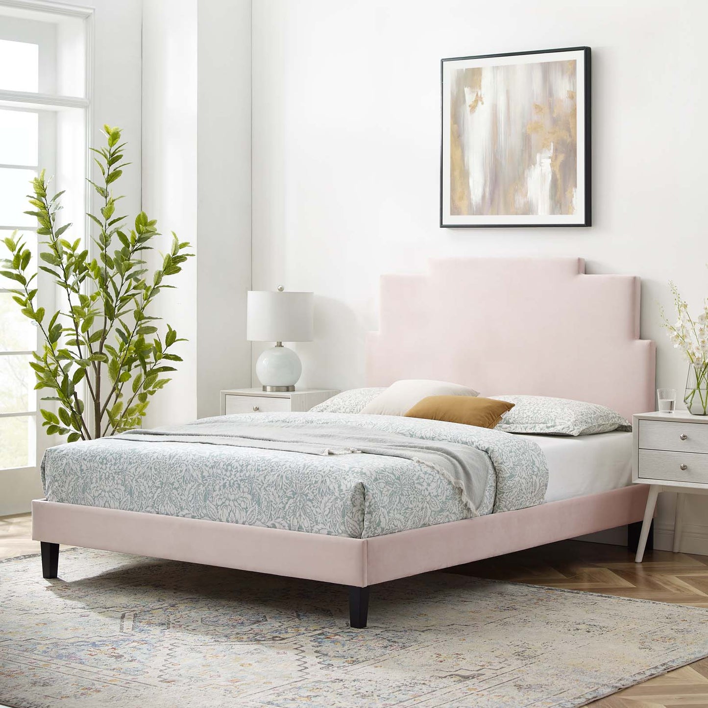 Lindsey Performance Velvet King Platform Bed, Velvet, Pink, 22983