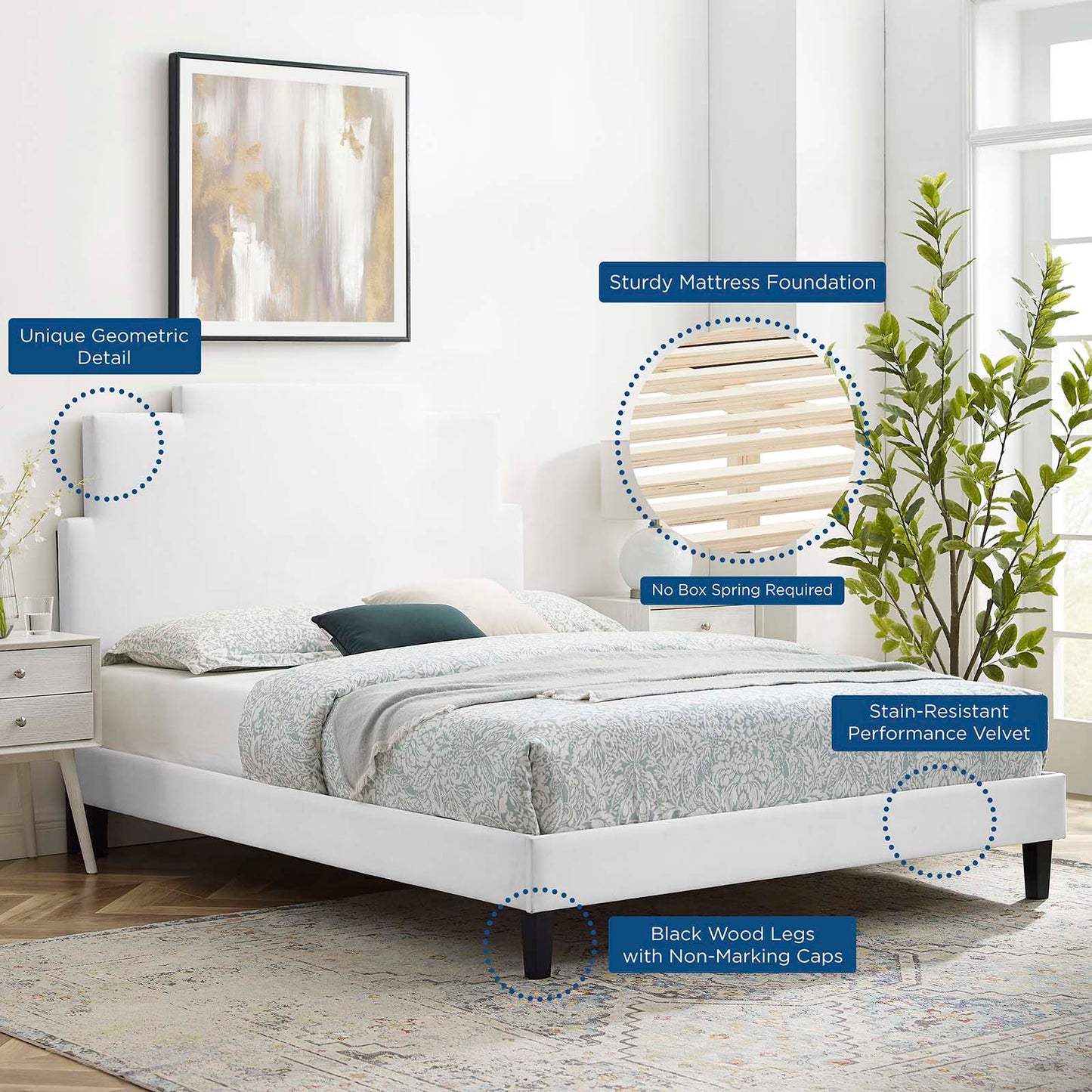 Lindsey Performance Velvet King Platform Bed, Velvet, White, 22985