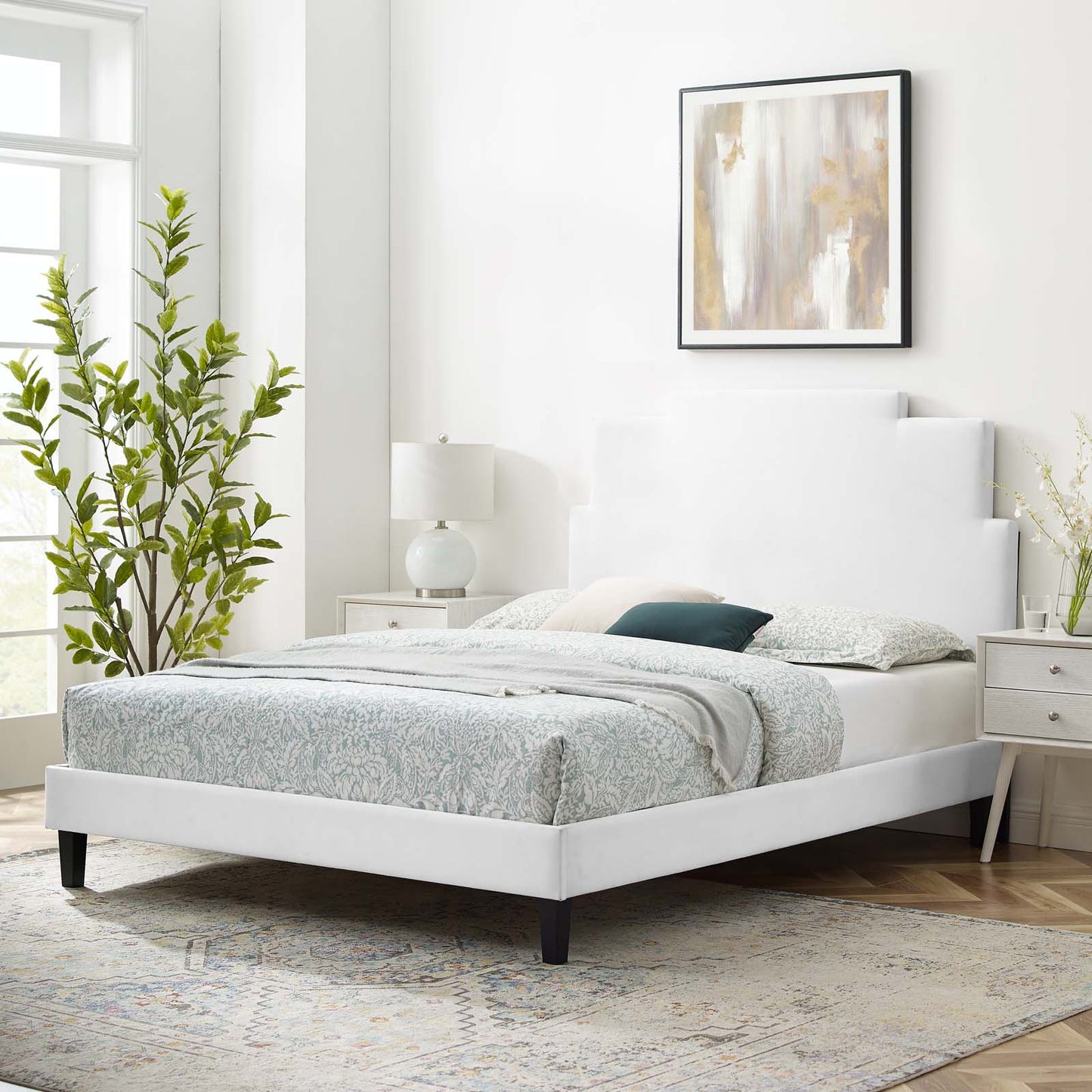 Lindsey Performance Velvet King Platform Bed, Velvet, White, 22985