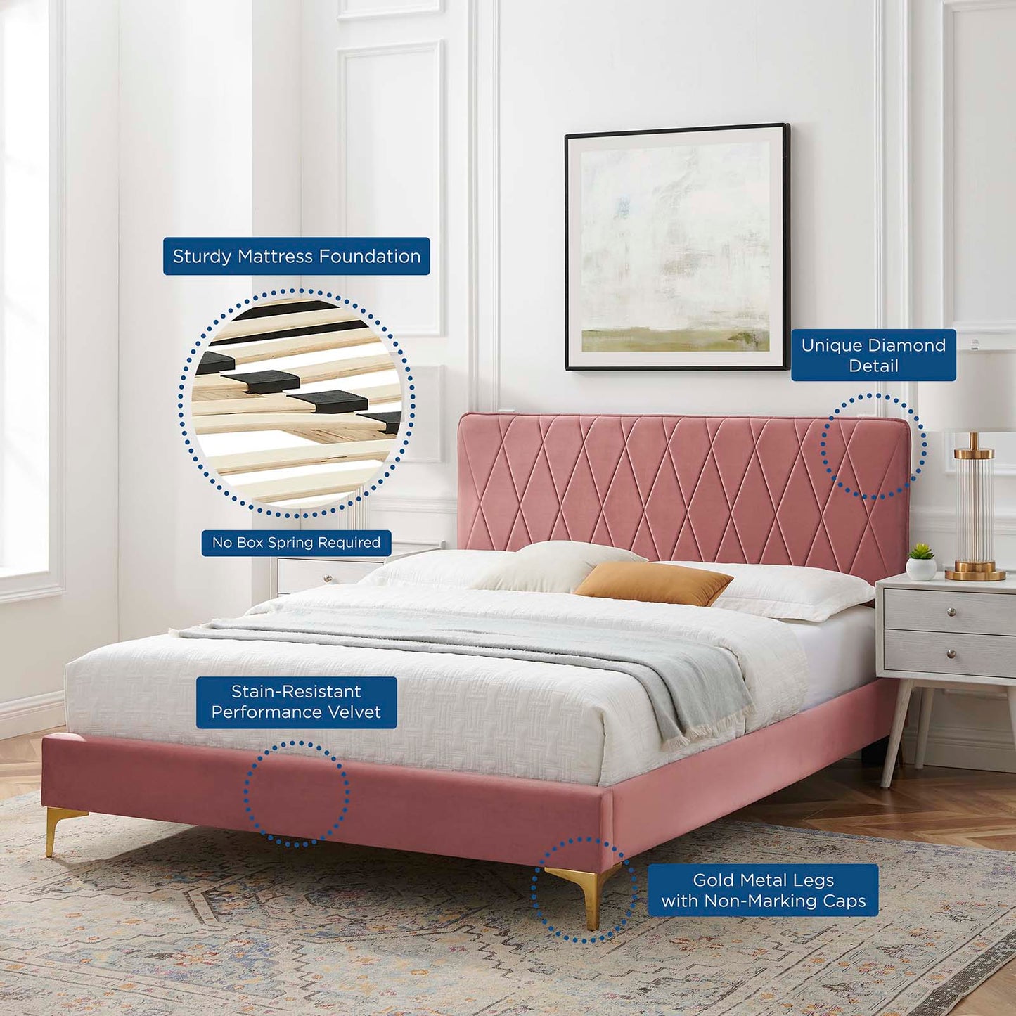 Phillipa Performance Velvet King Platform Bed, Velvet, Pink, 22987