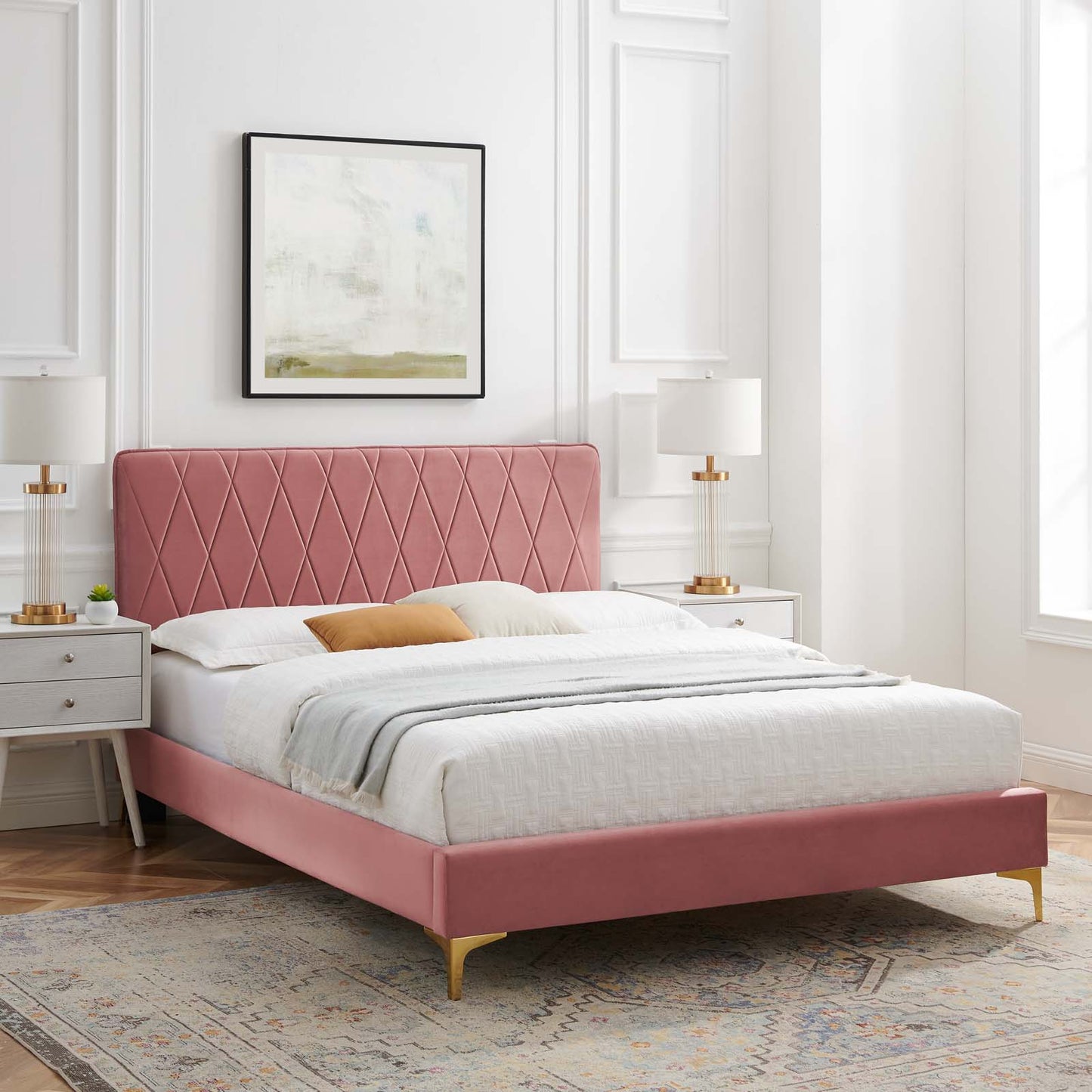 Phillipa Performance Velvet King Platform Bed, Velvet, Pink, 22987