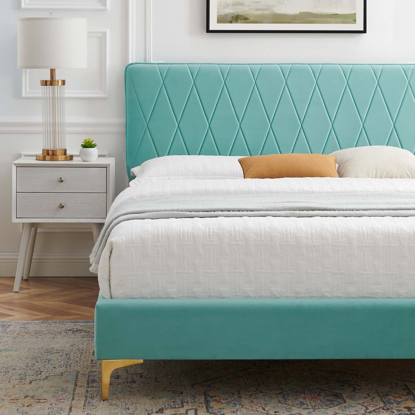 Phillipa Performance Velvet King Platform Bed, Velvet, Blue, 22989
