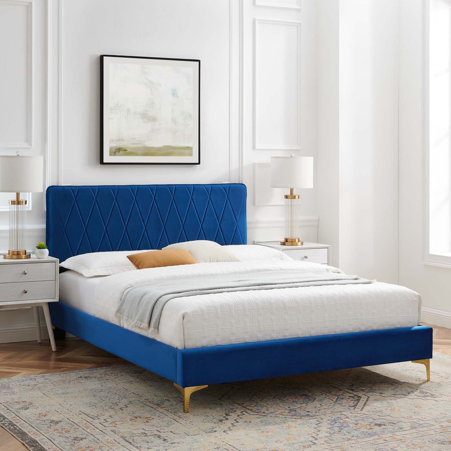 Phillipa Performance Velvet King Platform Bed, Velvet, Blue Navy, 22990
