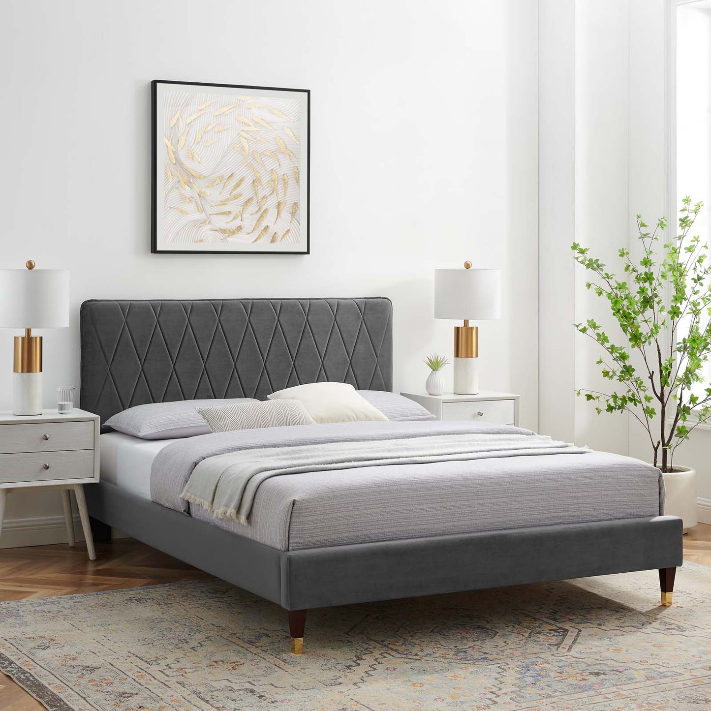 Phillipa Performance Velvet King Platform Bed, Velvet, Dark Grey Gray, 22994