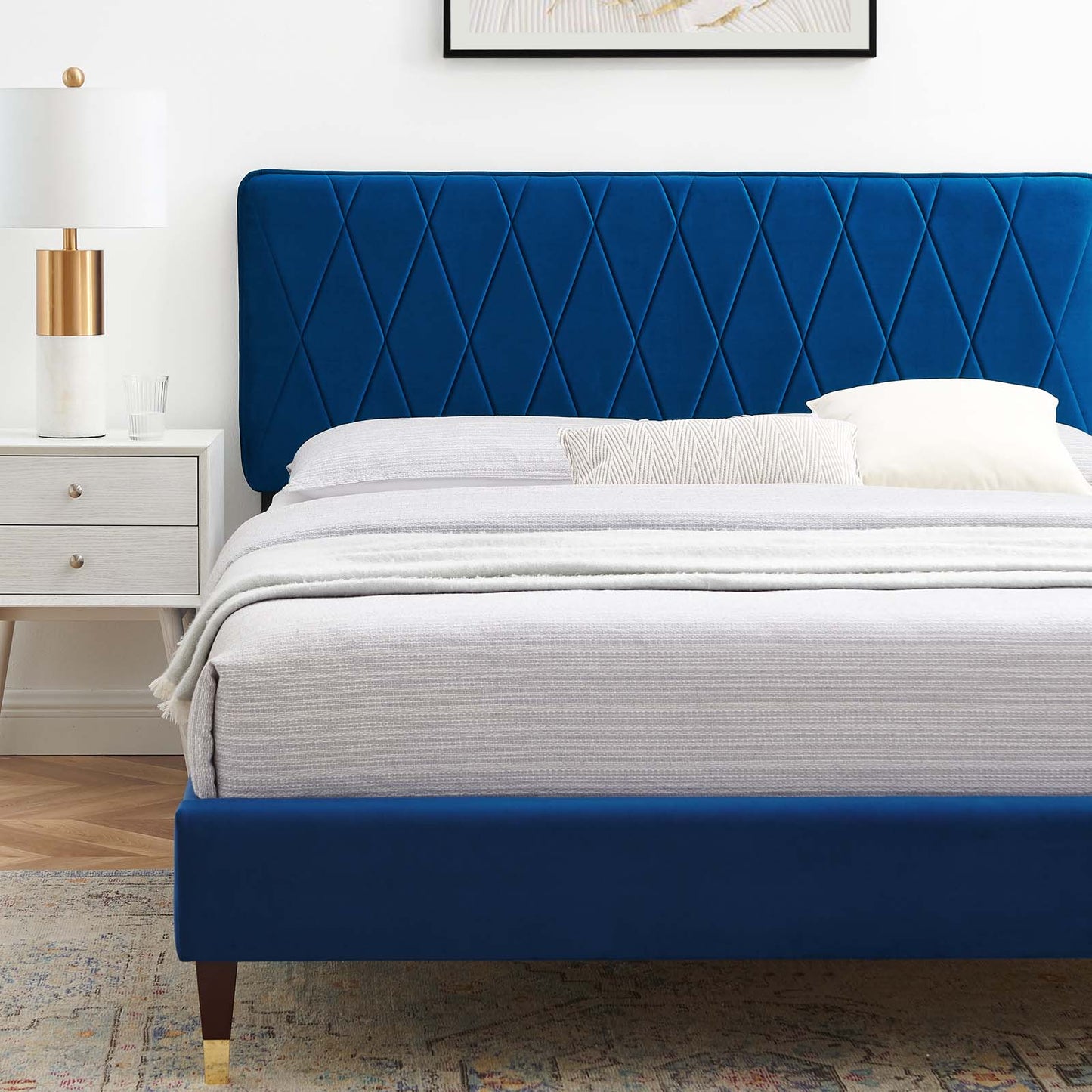 Phillipa Performance Velvet King Platform Bed, Velvet, Blue Navy, 22998