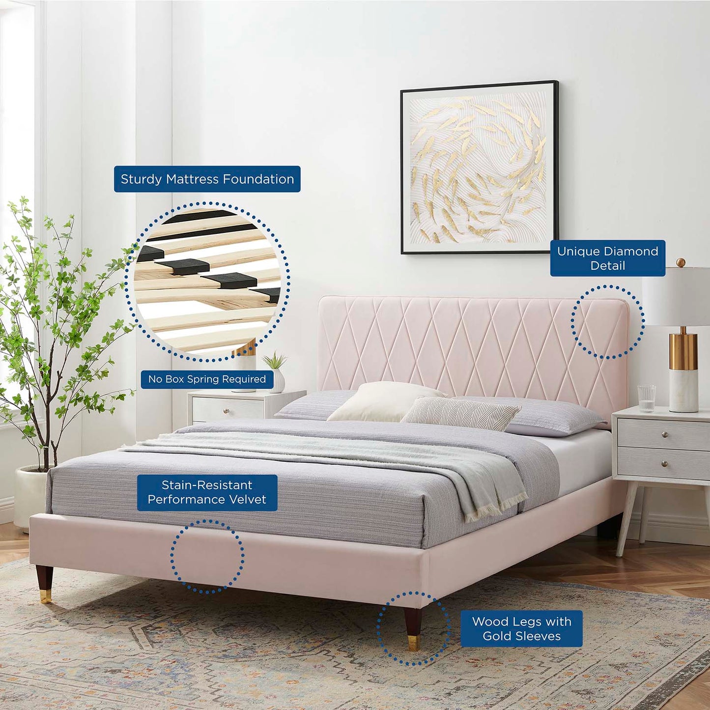 Phillipa Performance Velvet King Platform Bed, Velvet, Pink, 22999