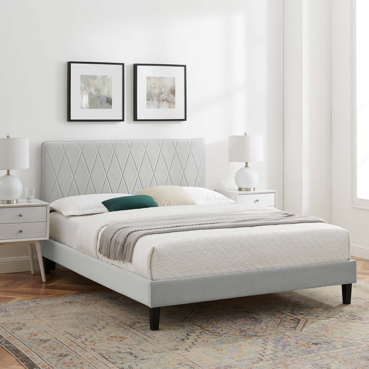 Phillipa Performance Velvet King Platform Bed, Velvet, Light Grey Gray, 23004