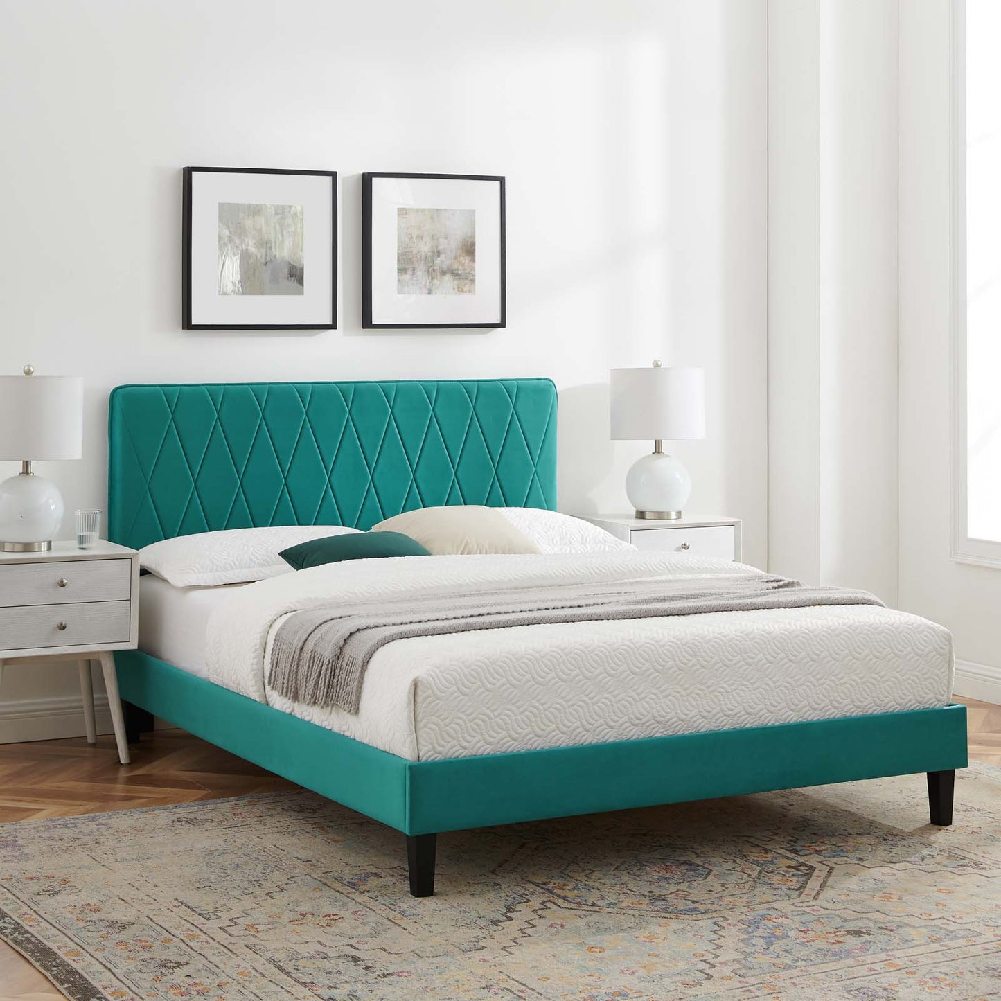 Phillipa Performance Velvet King Platform Bed, Velvet, Teal Blue, 23008