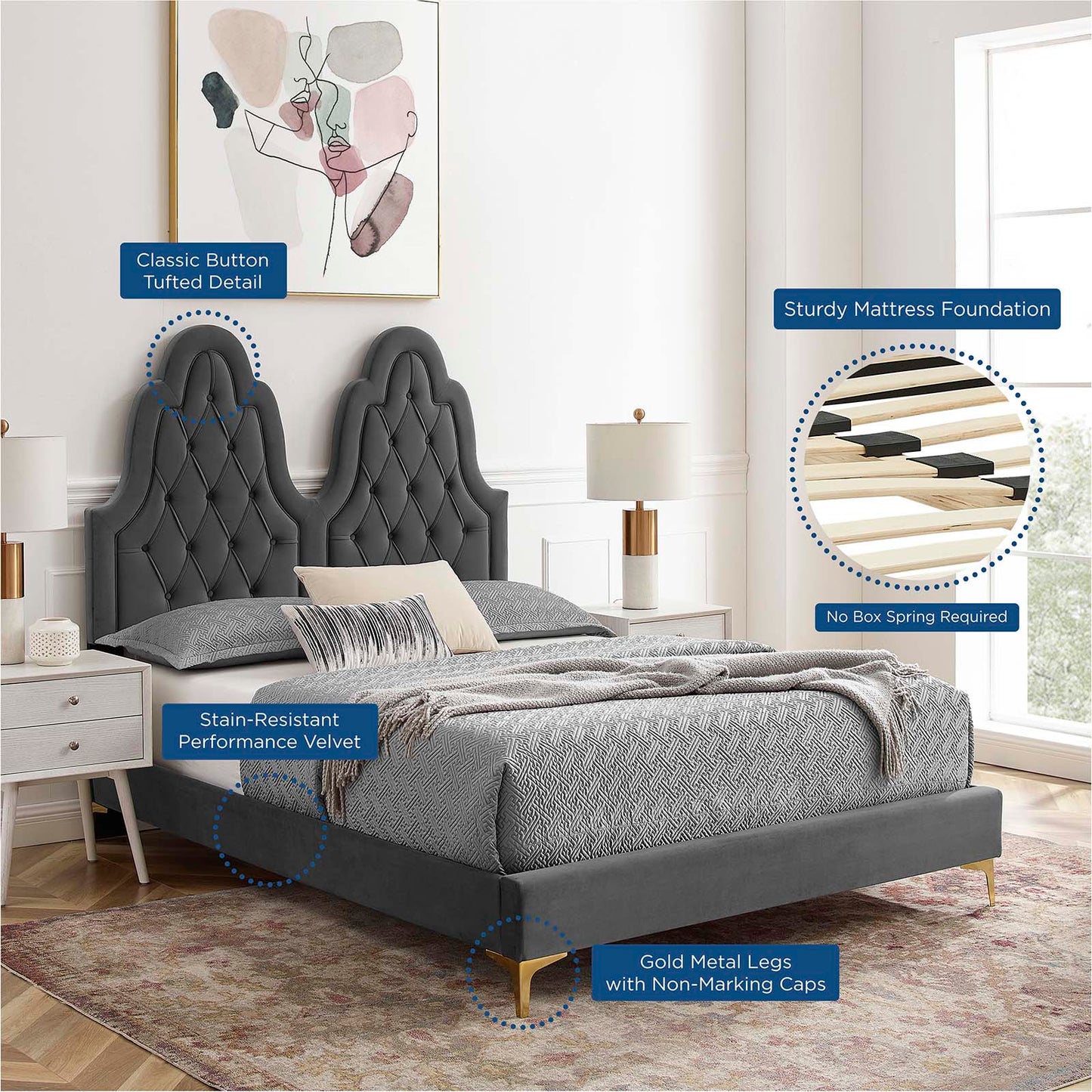 Alexandria Tufted Performance Velvet Twin Platform Bed, Velvet, Dark Grey Gray, 23010