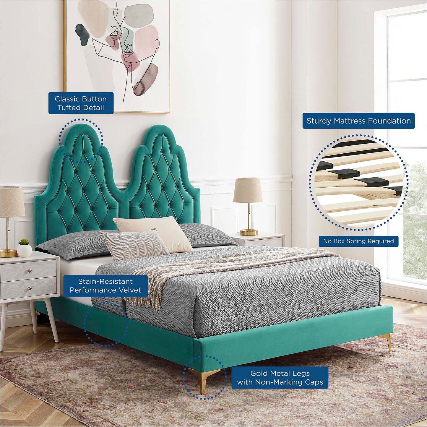 Alexandria Tufted Performance Velvet Twin Platform Bed, Velvet, Teal Blue, 23016