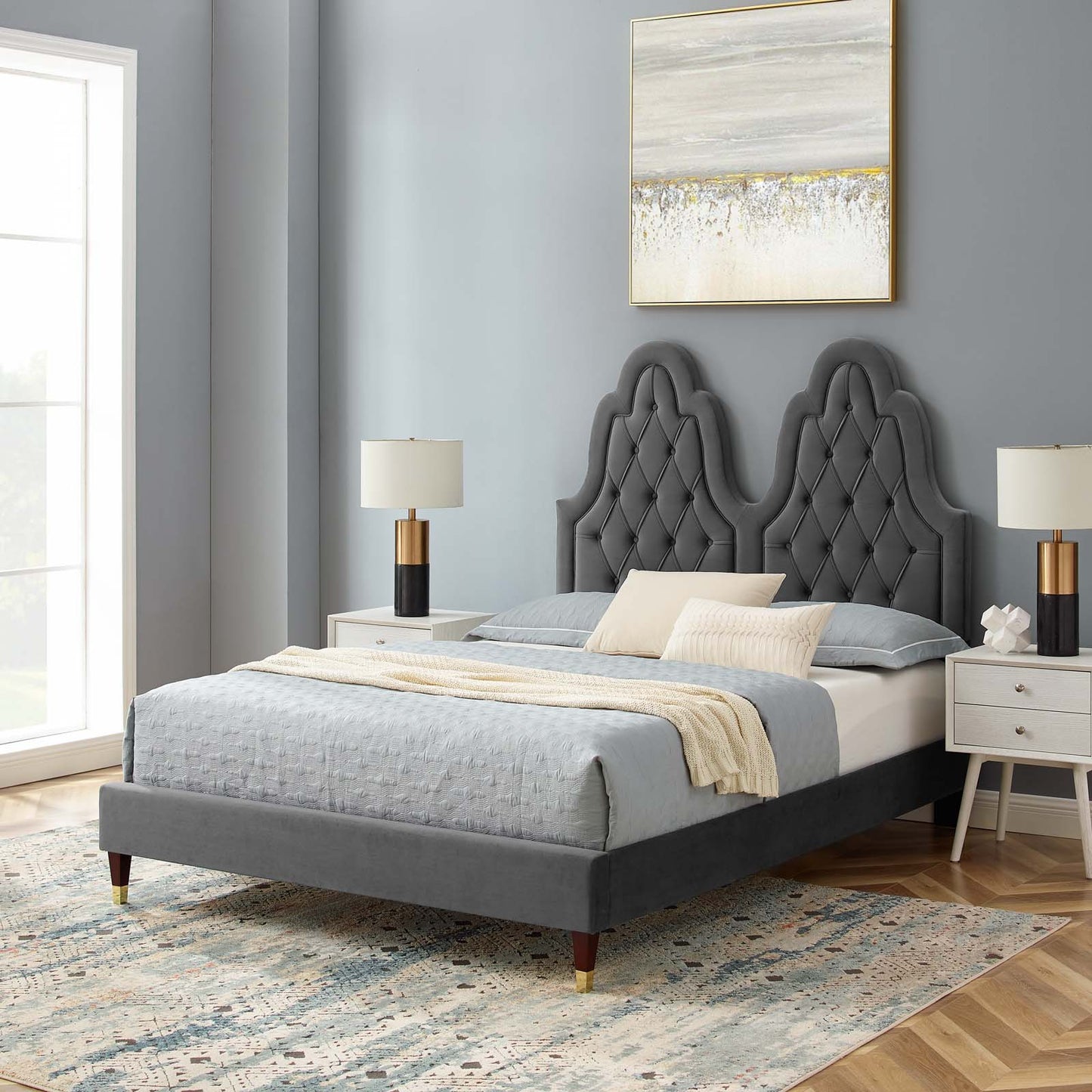 Alexandria Tufted Performance Velvet Twin Platform Bed, Velvet, Dark Grey Gray, 23018