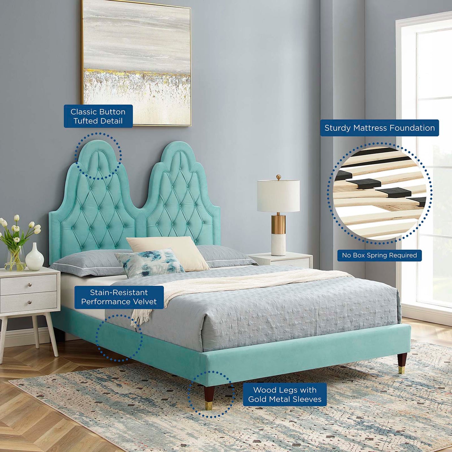 Alexandria Tufted Performance Velvet Twin Platform Bed, Velvet, Blue, 23021