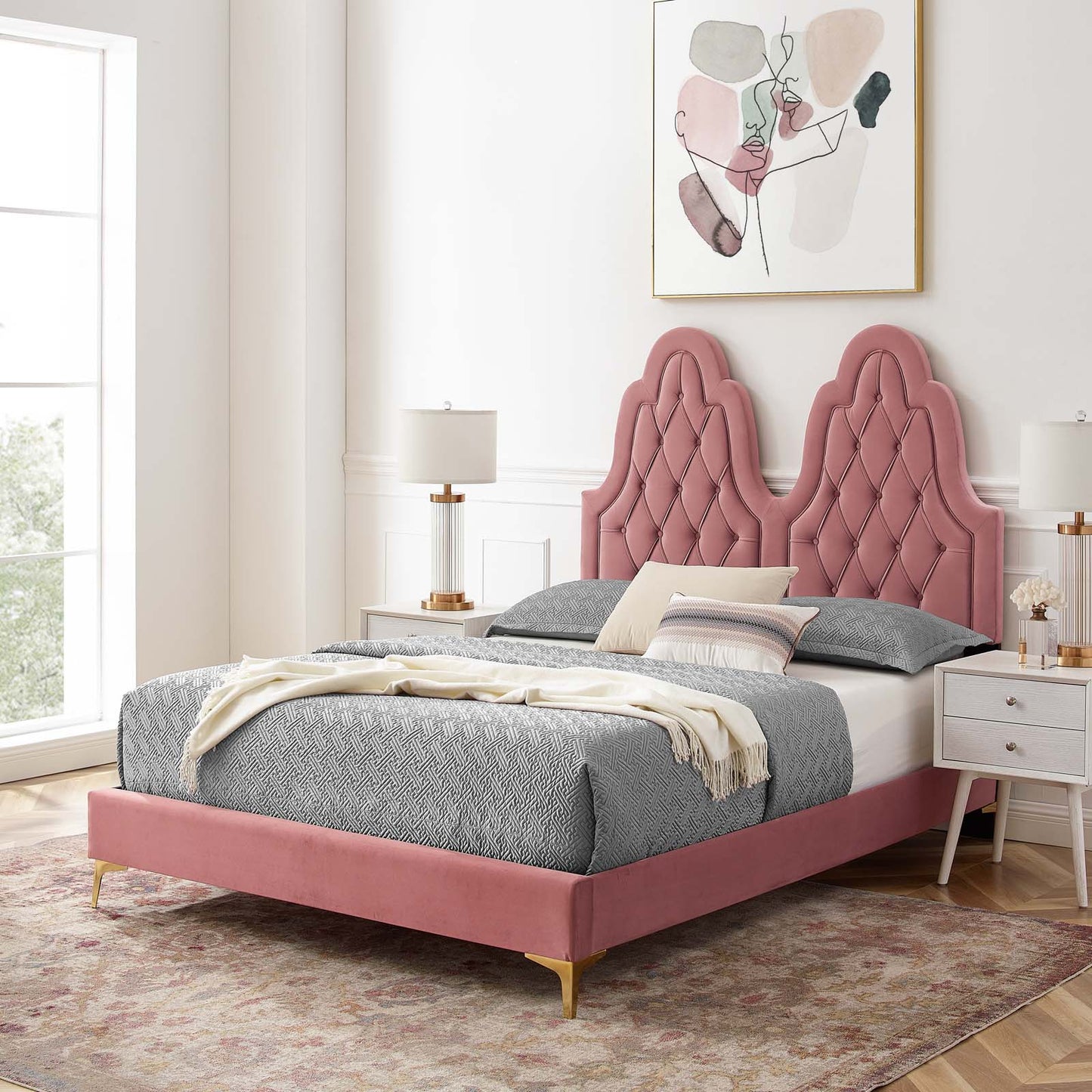 Alexandria Tufted Performance Velvet Full Platform Bed, Velvet, Pink, 23035