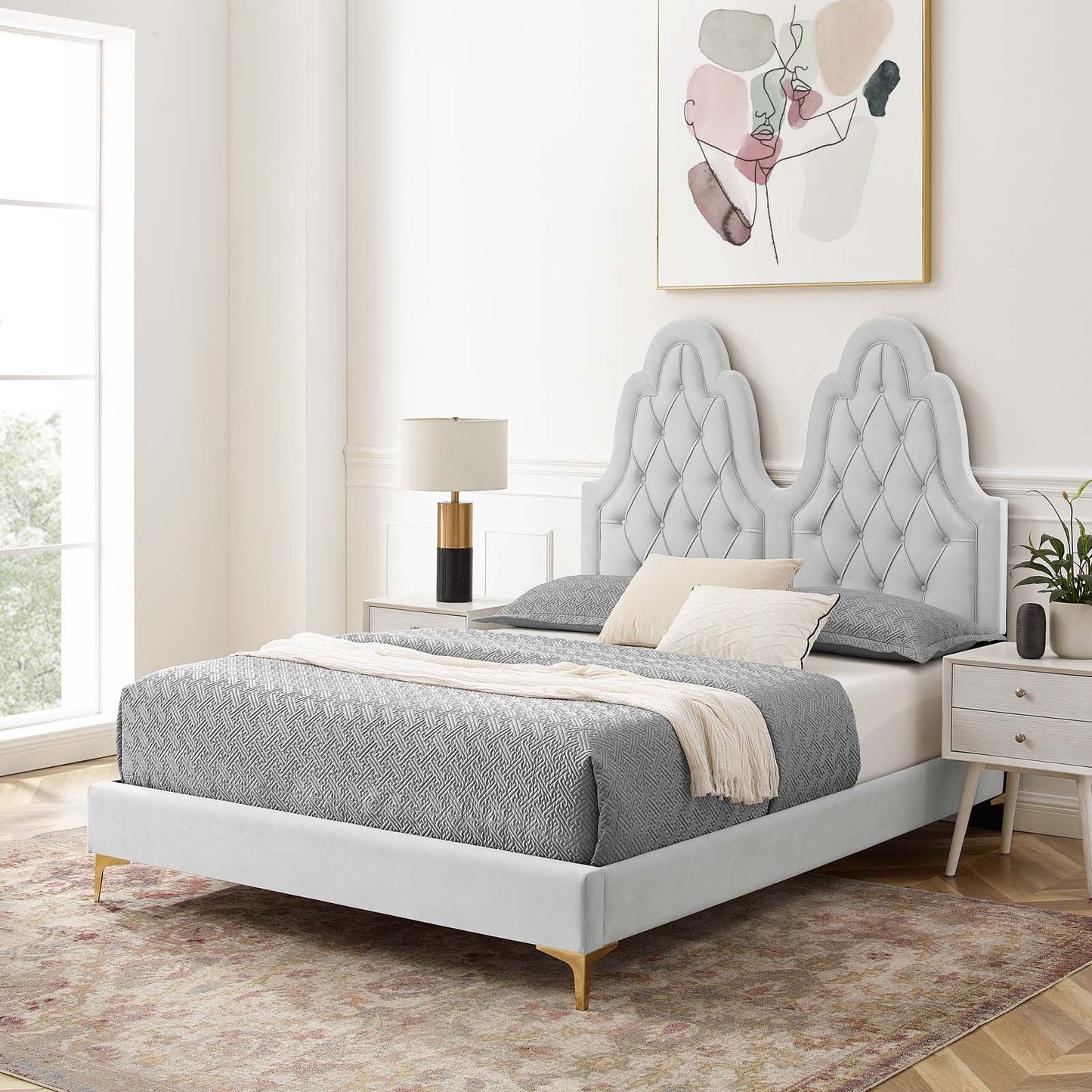 Alexandria Tufted Performance Velvet Full Platform Bed, Velvet, Light Grey Gray, 23036