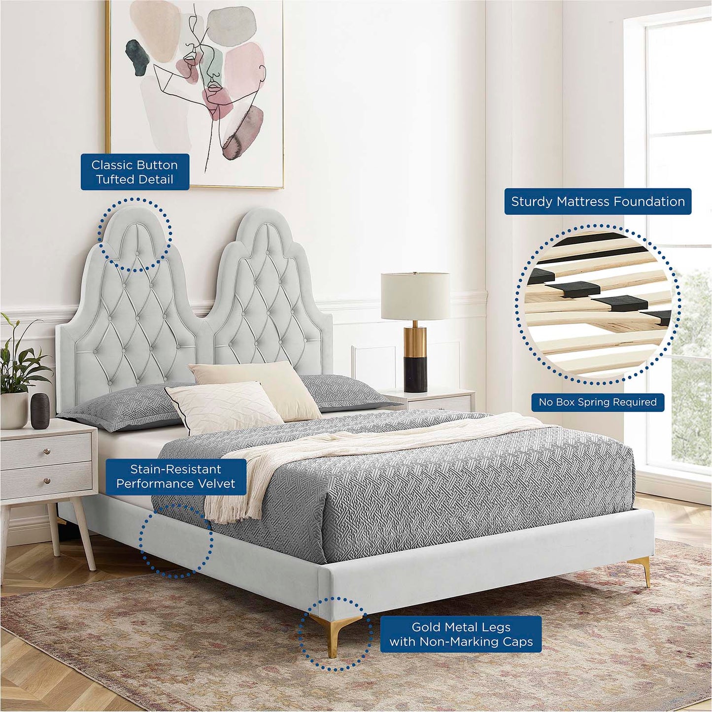 Alexandria Tufted Performance Velvet Full Platform Bed, Velvet, Light Grey Gray, 23036
