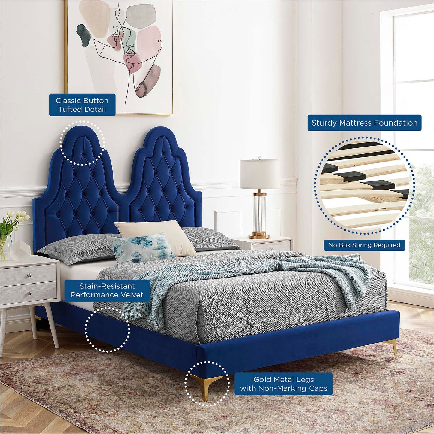 Alexandria Tufted Performance Velvet Full Platform Bed, Velvet, Blue Navy, 23038