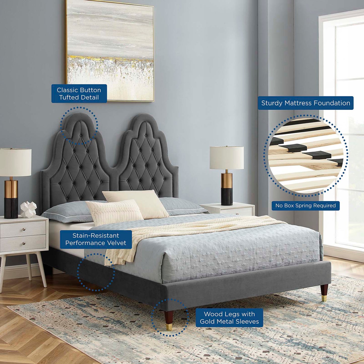 Alexandria Tufted Performance Velvet Full Platform Bed, Velvet, Dark Grey Gray, 23042