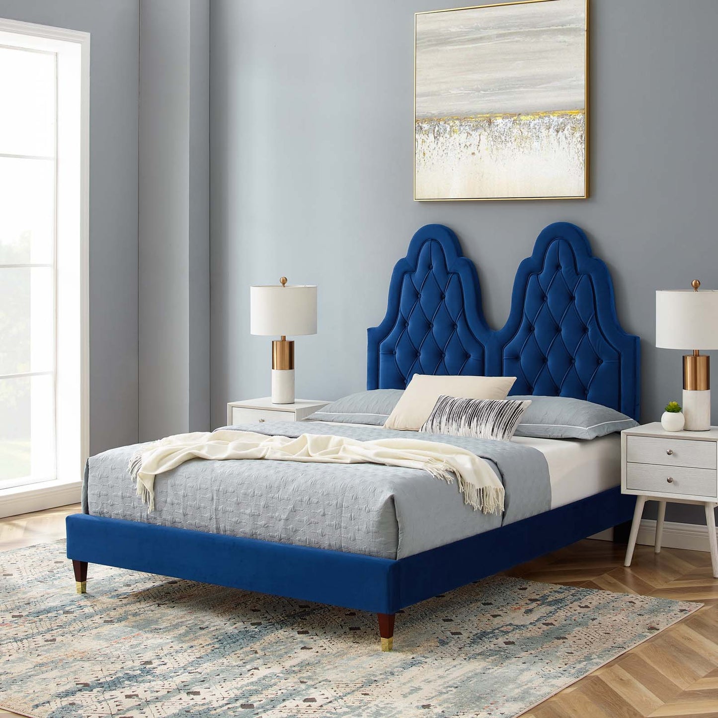 Alexandria Tufted Performance Velvet Full Platform Bed, Velvet, Blue Navy, 23046