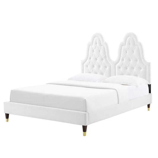 Alexandria Tufted Performance Velvet Full Platform Bed, Velvet, White, 23049