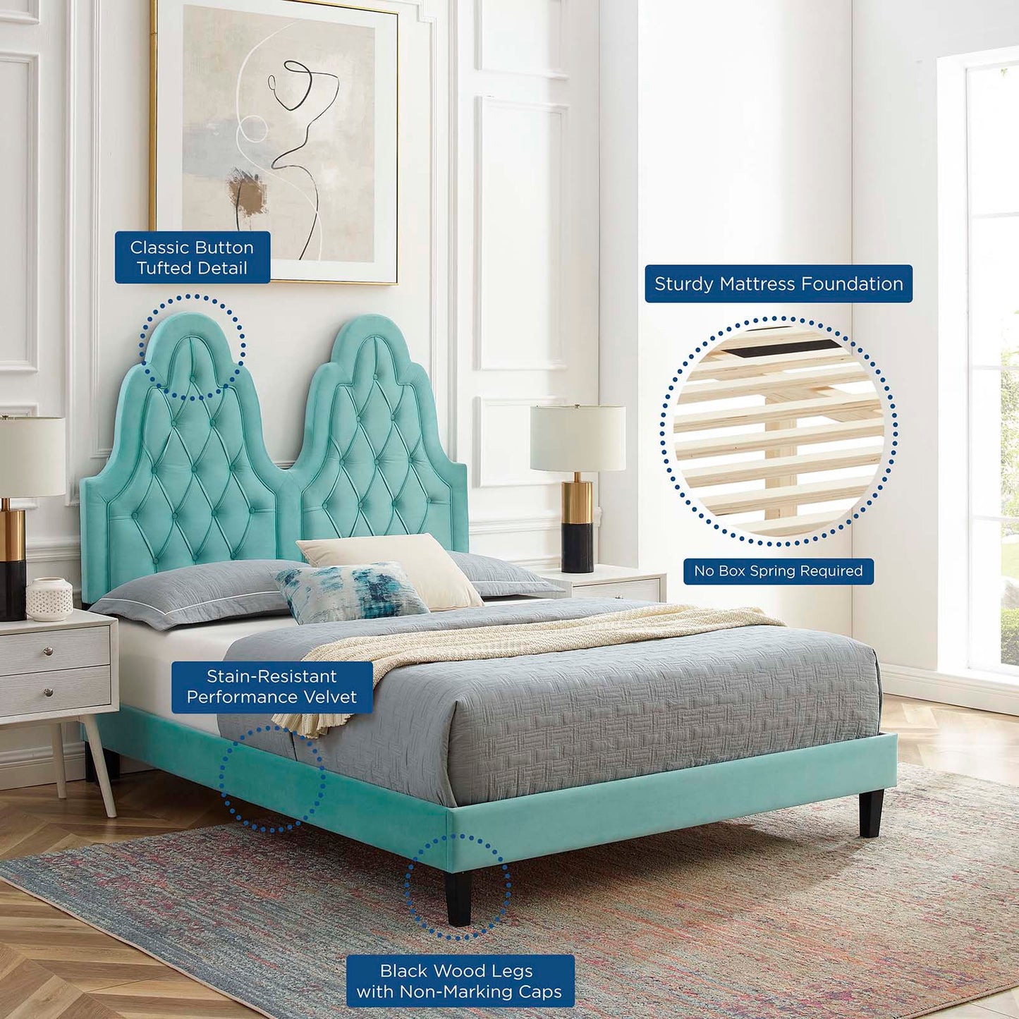 Alexandria Tufted Performance Velvet Full Platform Bed, Velvet, Blue, 23053