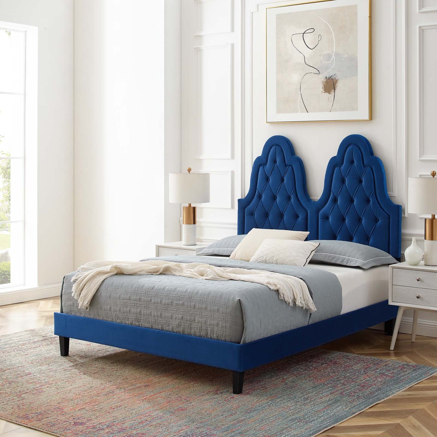 Alexandria Tufted Performance Velvet Full Platform Bed, Velvet, Blue Navy, 23054