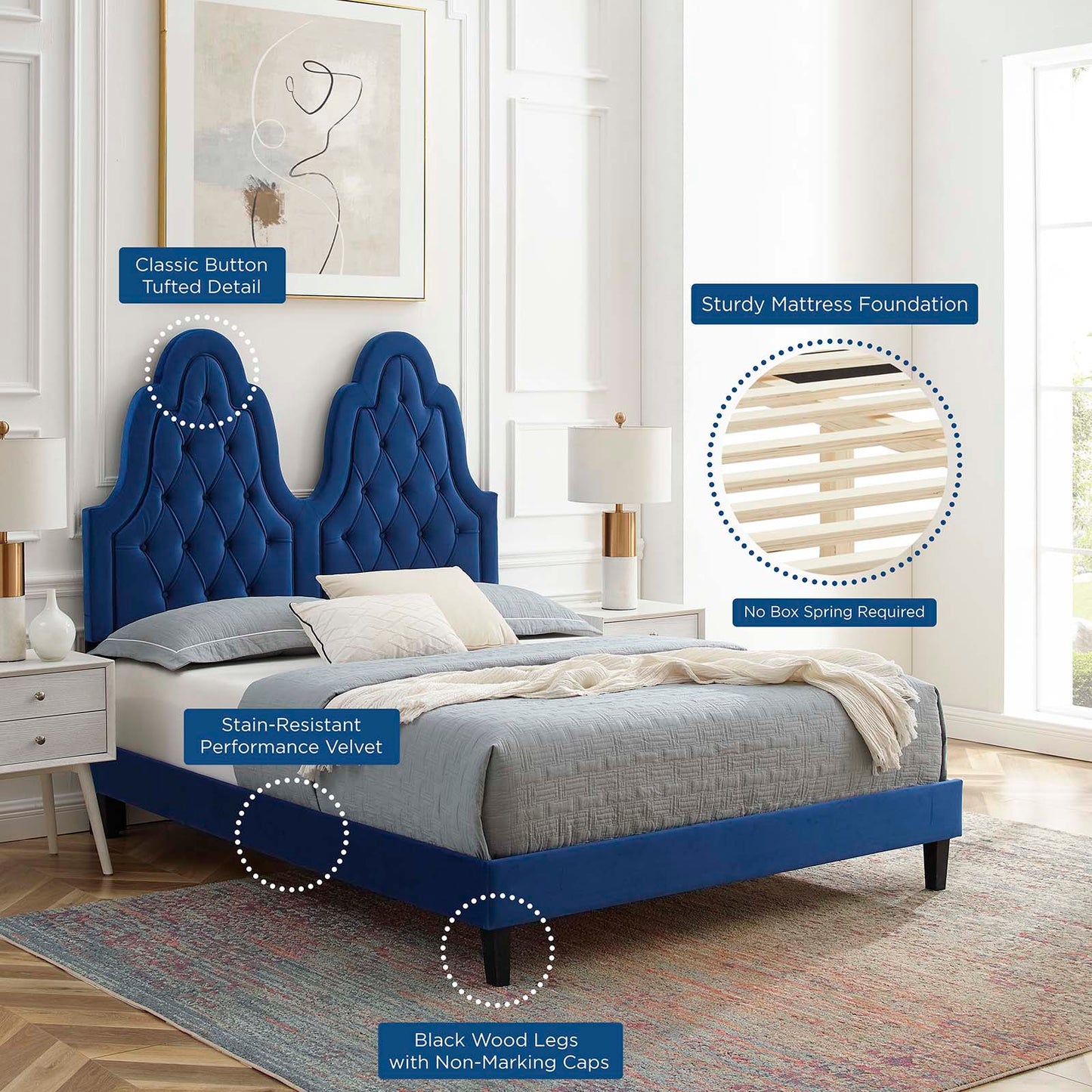 Alexandria Tufted Performance Velvet Full Platform Bed, Velvet, Blue Navy, 23054