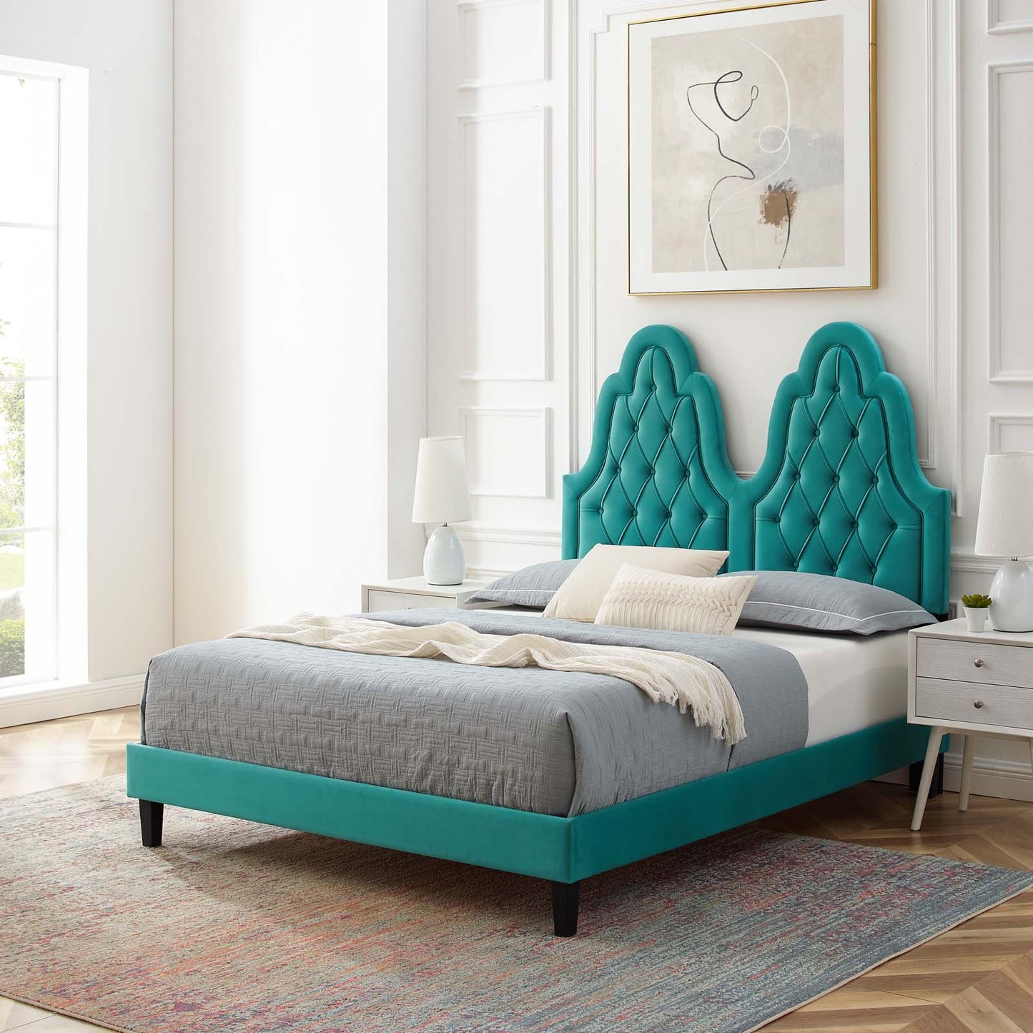 Alexandria Tufted Performance Velvet Full Platform Bed, Velvet, Teal Blue, 23056