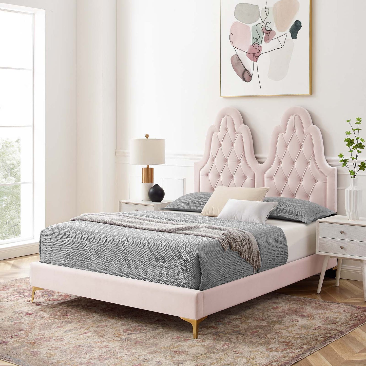 Alexandria Tufted Performance Velvet King Platform Bed, Velvet, Pink, 23063