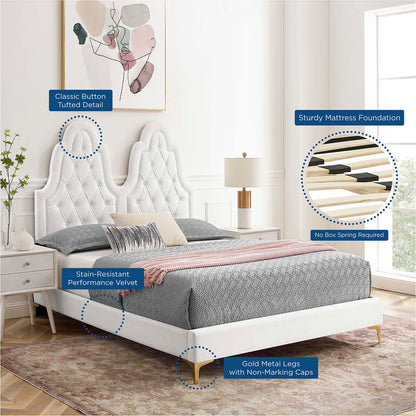Alexandria Tufted Performance Velvet King Platform Bed, Velvet, White, 23065