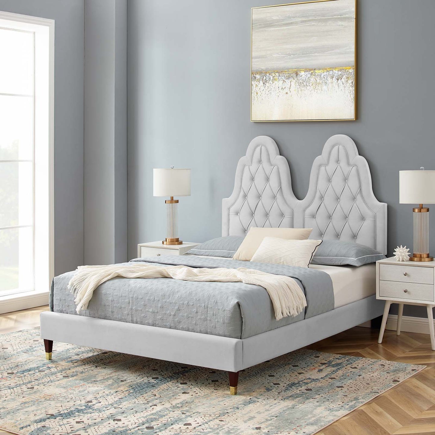 Alexandria Tufted Performance Velvet King Platform Bed, Velvet, Light Grey Gray, 23068