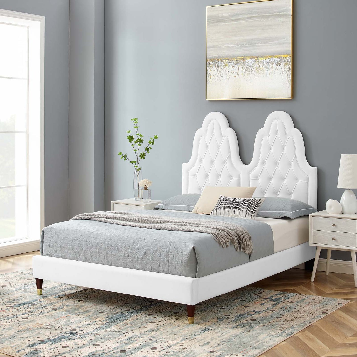 Alexandria Tufted Performance Velvet King Platform Bed, Velvet, White, 23073