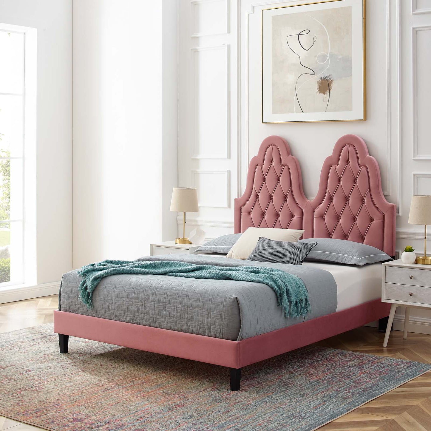 Alexandria Tufted Performance Velvet King Platform Bed, Velvet, Pink, 23075