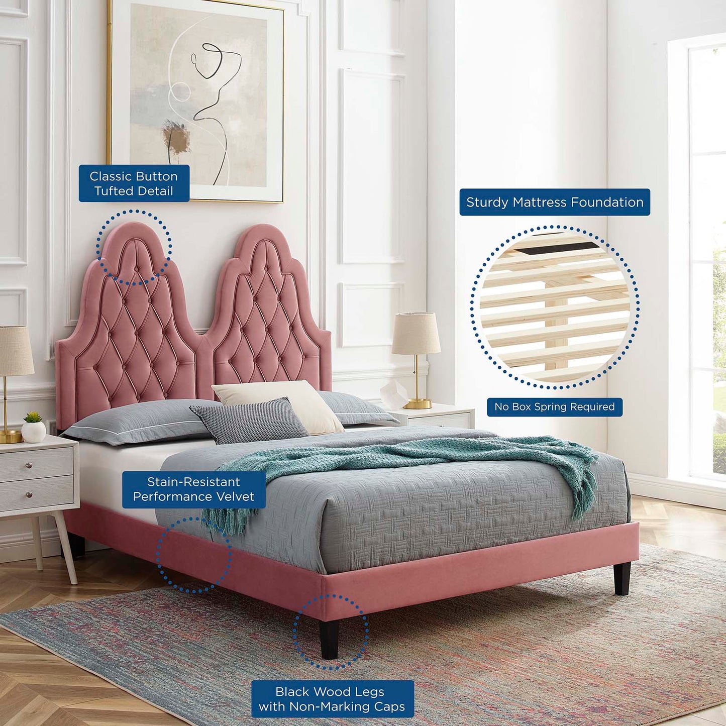 Alexandria Tufted Performance Velvet King Platform Bed, Velvet, Pink, 23075