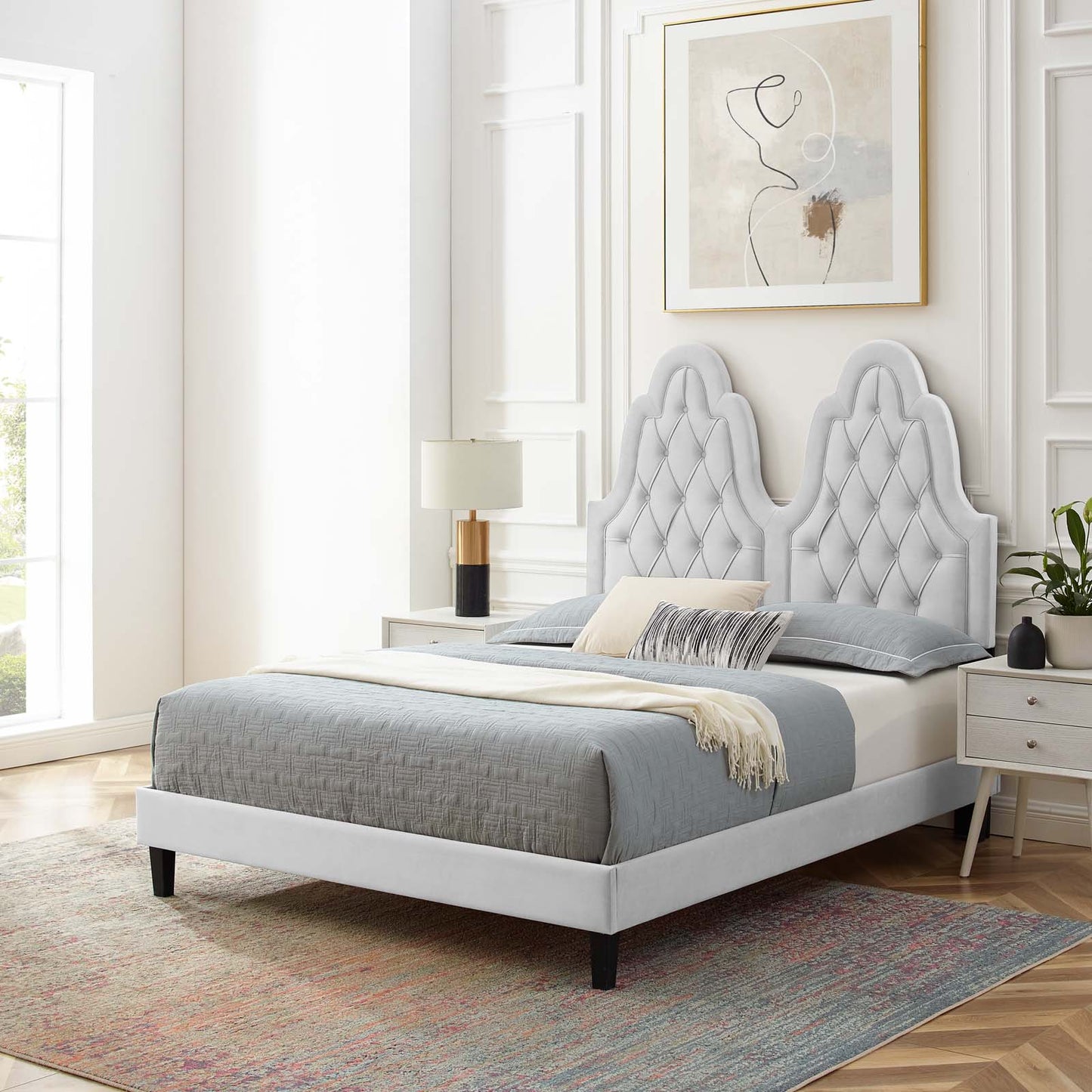 Alexandria Tufted Performance Velvet King Platform Bed, Velvet, Light Grey Gray, 23076