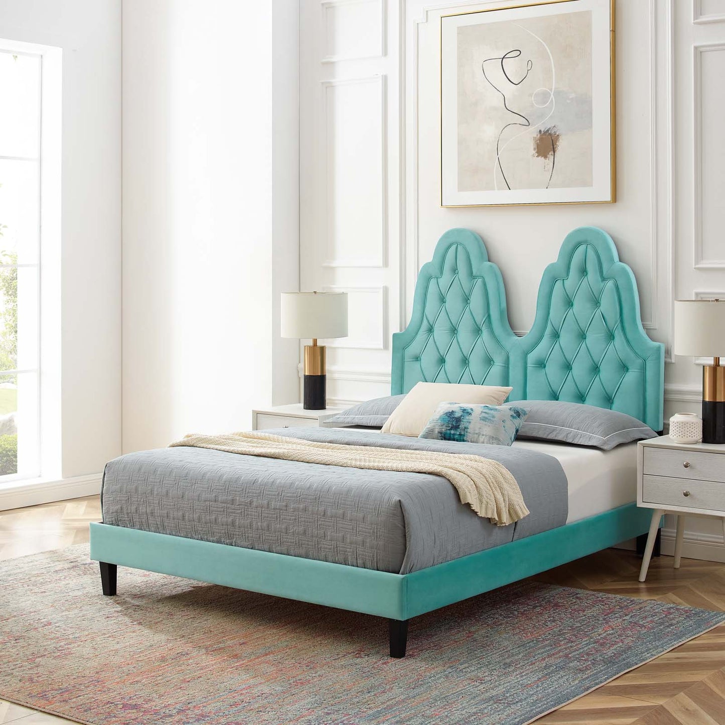Alexandria Tufted Performance Velvet King Platform Bed, Velvet, Blue, 23077