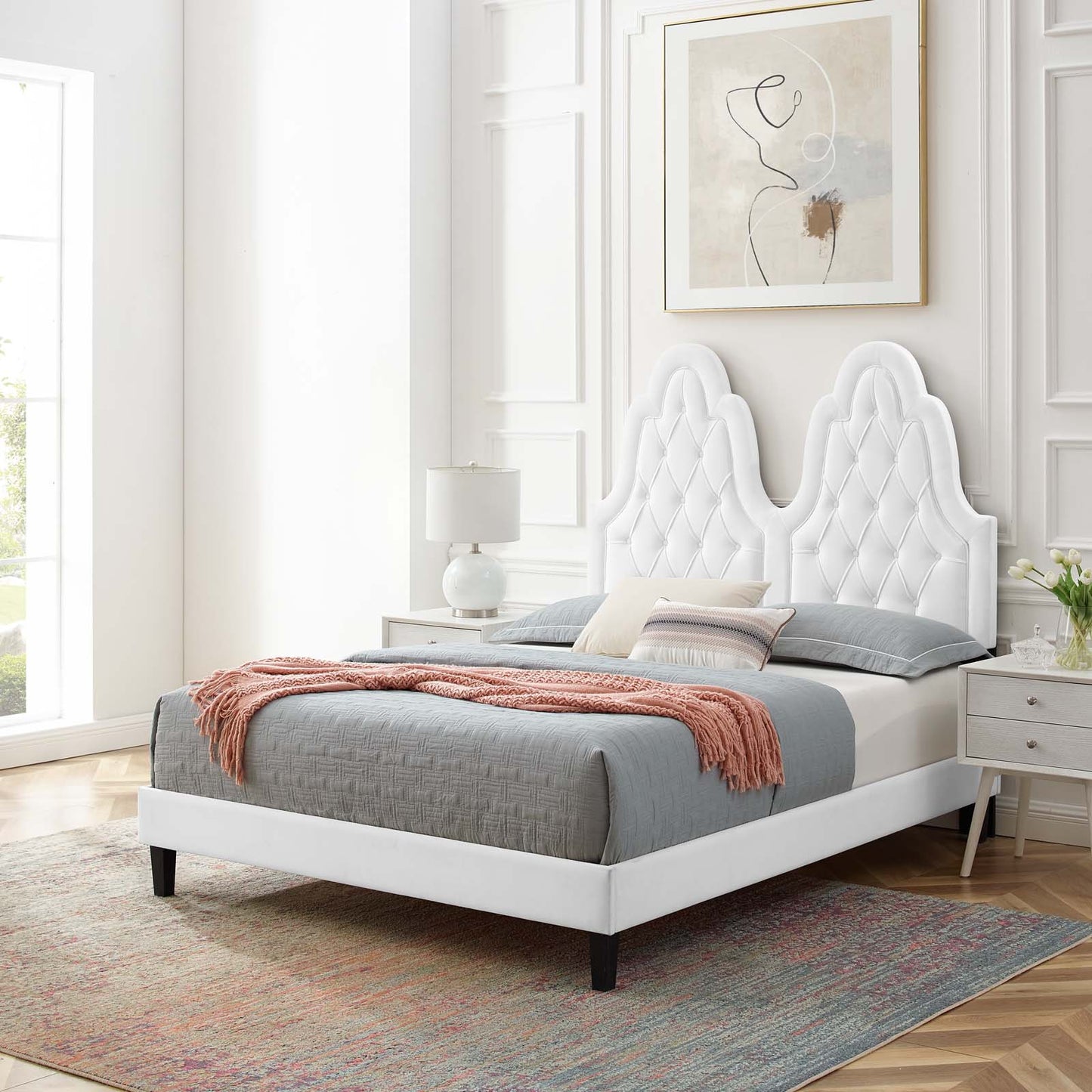 Alexandria Tufted Performance Velvet King Platform Bed, Velvet, White, 23081