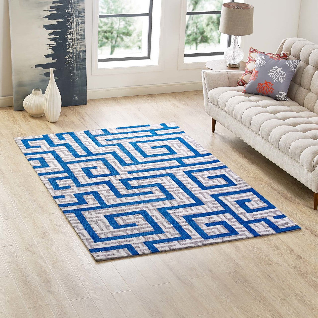 Nahia Geometric Maze 5x8 Area Rug, Fabric, Multi Blue 14768