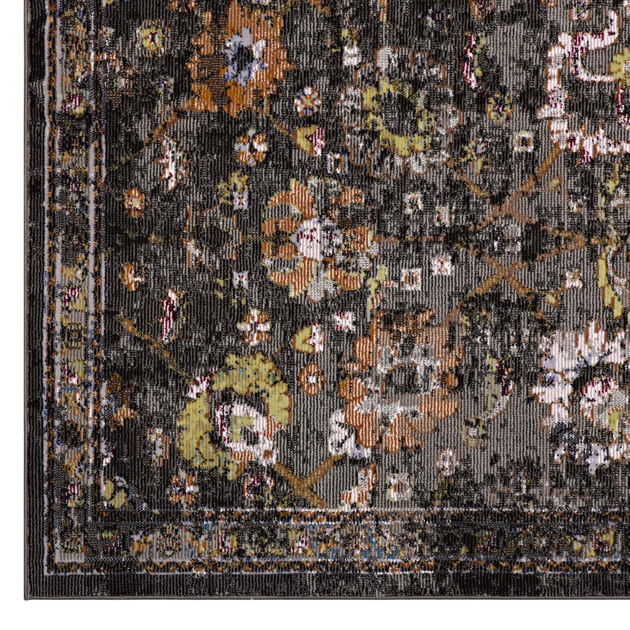 Minu Distressed Floral Lattice 4x6 Area Rug, Fabric,  Multi Black 14809