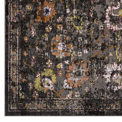 Minu Distressed Floral Lattice 4x6 Area Rug, Fabric,  Multi Black 14809