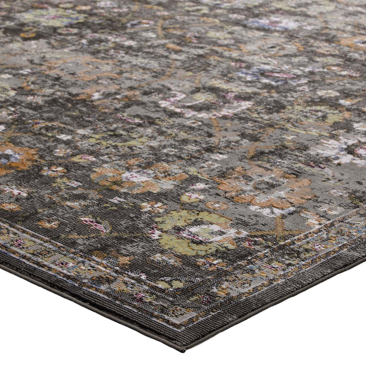 Minu Distressed Floral Lattice 4x6 Area Rug, Fabric,  Multi Black 14809