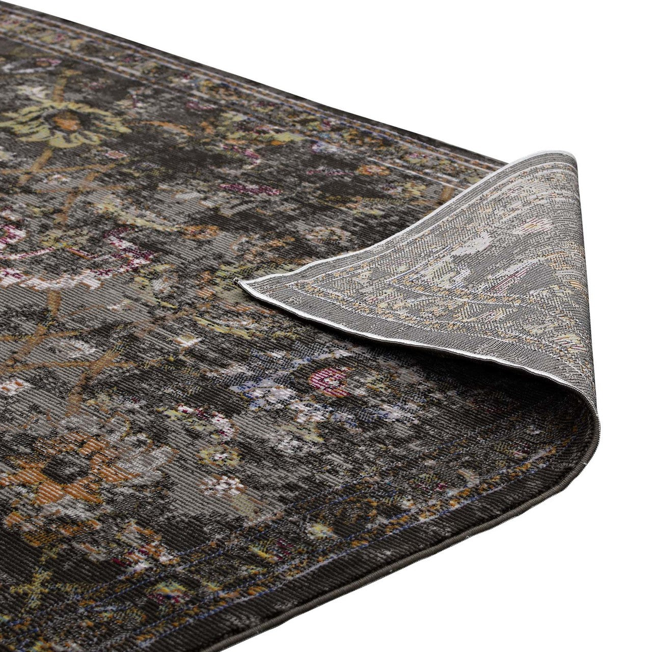 Minu Distressed Floral Lattice 4x6 Area Rug, Fabric,  Multi Black 14809