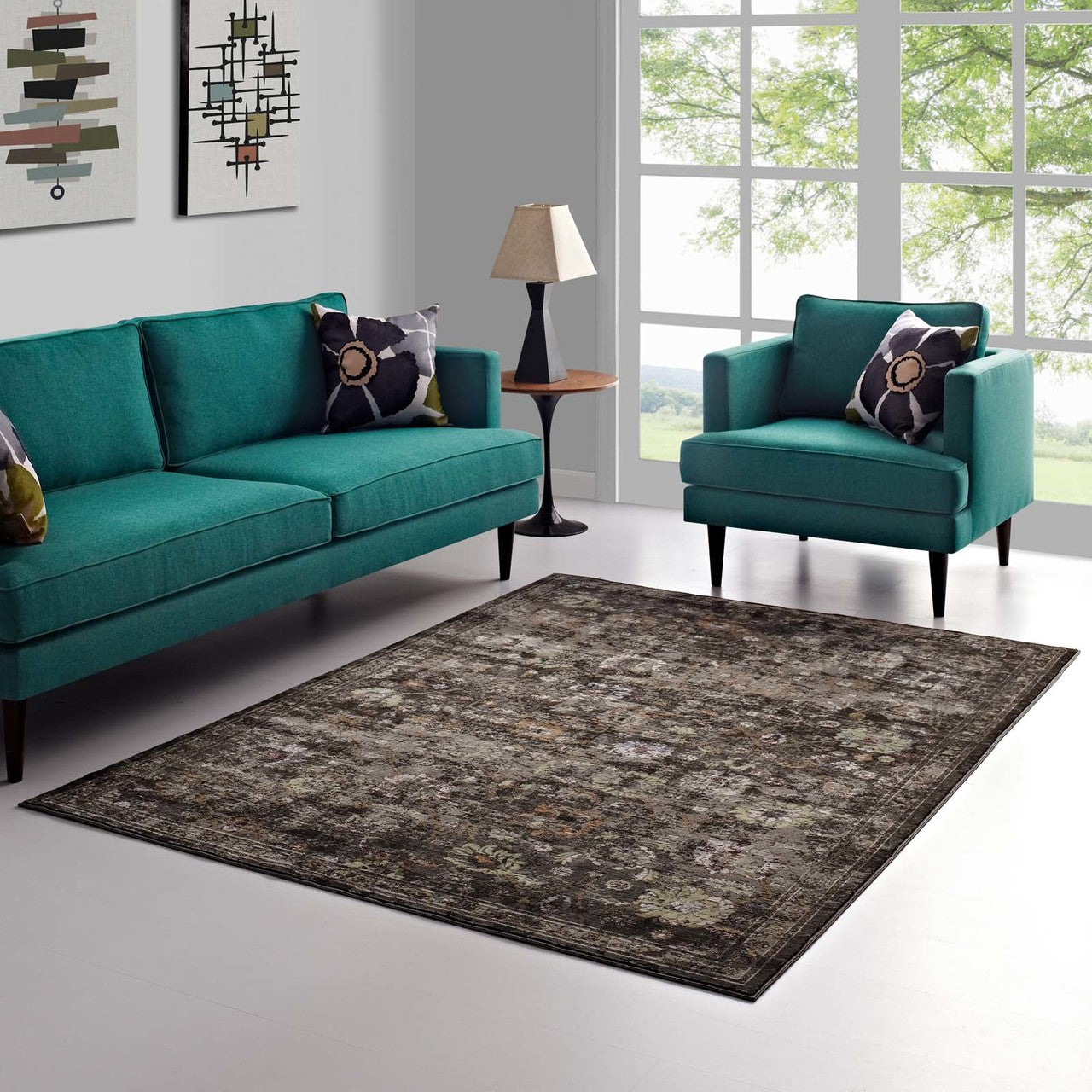 Minu Distressed Floral Lattice 4x6 Area Rug, Fabric,  Multi Black 14809