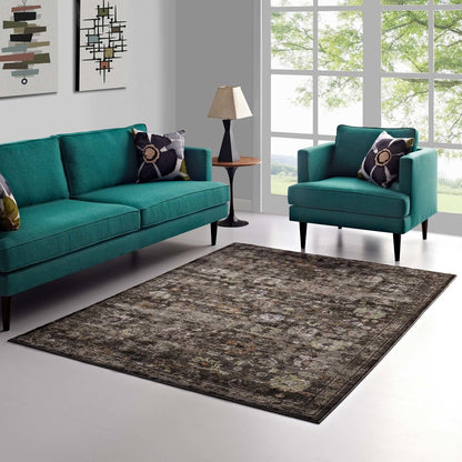 Minu Distressed Floral Lattice 4x6 Area Rug, Fabric,  Multi Black 14809